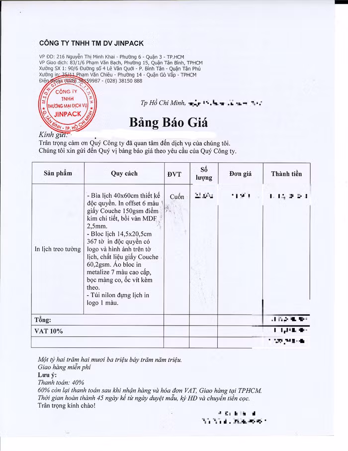 Bảng báo giá công ty in lịch Tết Nguyên đán năm 2018 cho Agribank gửi cho một chi nhánh thuộc hệ thống Agribank. Ảnh: Vũ Phương. Bảng báo giá công ty in lịch Tết Nguyên đán năm 2018 cho Agribank gửi cho một chi nhánh thuộc hệ thống Agribank. Ảnh: Vũ Phương.