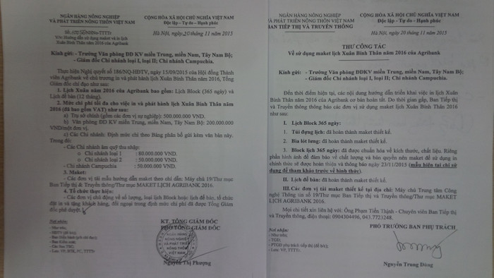 Nội dung văn bản chỉ đạo việc in lịch Tết Nguyên đán và thư công tác của Agribank bộc lộ những dấu hiệu bất thường. Ảnh: Vũ Phương