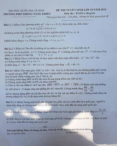 Đề thi Toán chuyên Trường phổ thông Năng Khiếu, Đại học Quốc gia Thành phố Hồ Chí Minh (ảnh: CTV) Đề thi Toán chuyên Trường phổ thông Năng Khiếu, Đại học Quốc gia Thành phố Hồ Chí Minh (ảnh: CTV)