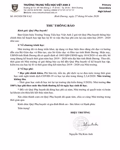Thông báo mới nhất về vấn đề thu học phí của trường trung tiểu học Việt Anh 2, Bình Dương (ảnh: P.L)