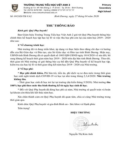Thông báo mới nhất về vấn đề thu học phí của trường trung tiểu học Việt Anh 2, Bình Dương (ảnh: P.L) Thông báo mới nhất về vấn đề thu học phí của trường trung tiểu học Việt Anh 2, Bình Dương (ảnh: P.L)