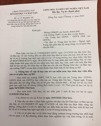 Trích văn bản 1231 của Giám đốc Sở Giáo dục và Đào tạo tỉnh Đồng Nai ký ngày 28/4/2020 (Ảnh: P.L) Trích văn bản 1231 của Giám đốc Sở Giáo dục và Đào tạo tỉnh Đồng Nai ký ngày 28/4/2020 (Ảnh: P.L)