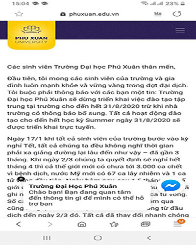 Thông báo của Trường Đại học Phú Xuân được đăng tải công khai trên website (ảnh: P.L) Thông báo của Trường Đại học Phú Xuân được đăng tải công khai trên website (ảnh: P.L)