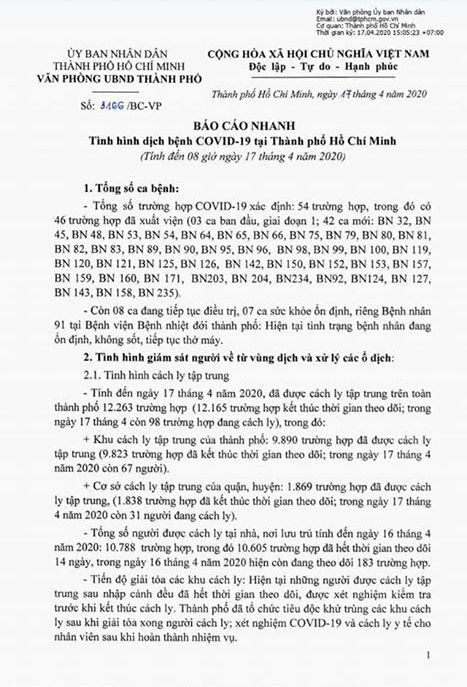 Trích báo cáo 3166 của Văn phòng Ủy ban nhân dân Thành phố Hồ Chí Minh ra ngày 17/4/2020 (ảnh: P.L)