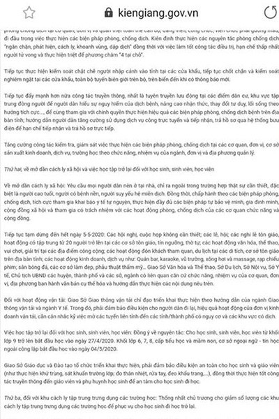 Trích thông báo cho học sinh từ khối 9 trở lên tại Kiên Giang đi học lại từ 27/4 (ảnh: Cổng thông tin điện tử tỉnh)