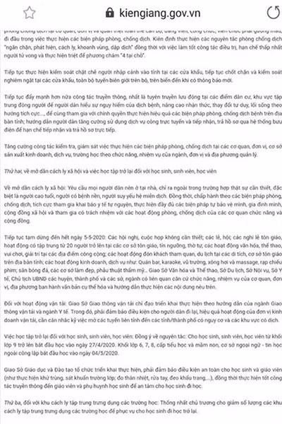 Trích thông báo cho học sinh từ khối 9 trở lên tại Kiên Giang đi học lại từ 27/4 (ảnh: Cổng thông tin điện tử tỉnh)