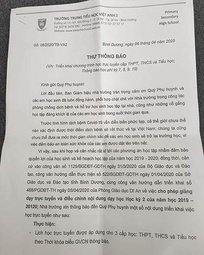 Thư thông báo của trường trung tiểu học Việt Anh ngày 6/4/2020 (ảnh: P.L) Thư thông báo của trường trung tiểu học Việt Anh ngày 6/4/2020 (ảnh: P.L)
