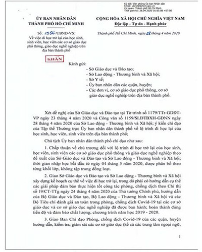 Trích văn bản 1556 của Ủy ban nhân dân Thành phố Hồ Chí Minh ký ngày 28/4 (Ảnh: P.L) Trích văn bản 1556 của Ủy ban nhân dân Thành phố Hồ Chí Minh ký ngày 28/4 (Ảnh: P.L)