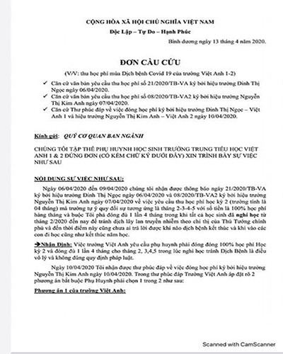 Trích đơn cầu cứu của một số phụ huynh trường trung tiểu học Việt Anh ở tỉnh Bình Dương (ảnh: P.L) Trích đơn cầu cứu của một số phụ huynh trường trung tiểu học Việt Anh ở tỉnh Bình Dương (ảnh: P.L)