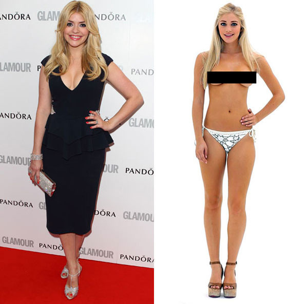Holly Willoughby (trái), người dẫn chương trình truyền hình nổi tiếng của Anh với bản sao là một người mẫu ảnh khiêu dâm, Nicole, 20 tuổi, từ Bournemouth. Holly Willoughby (trái), người dẫn chương trình truyền hình nổi tiếng của Anh với bản sao là một người mẫu ảnh khiêu dâm, Nicole, 20 tuổi, từ Bournemouth.