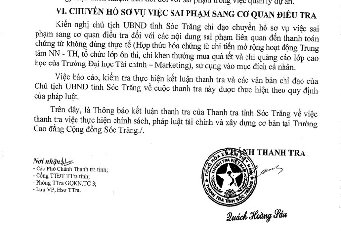 Xét thấy có dấu hiệu vi phạm pháp luật, Thanh tra Nhà nước tỉnh Sóc Trăng chuyển hồ sơ sang cơ quan điều tra để xử lý theo thẩm quyền.