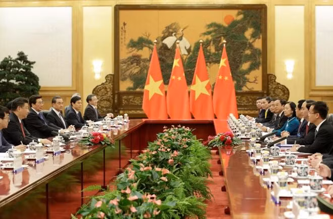 Quang cảnh buổi hội đàm giữa hai nguyên thủ Việt Nam và Trung Quốc. (Ảnh: Reuters)