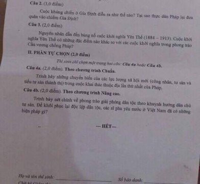 Trích đề kiểm tra Lịch sử học kỳ 2 của tỉnh Đồng Tháp đã bị lộ trên mạng xã hội (Ảnh: CTV) Trích đề kiểm tra Lịch sử học kỳ 2 của tỉnh Đồng Tháp đã bị lộ trên mạng xã hội (Ảnh: CTV)