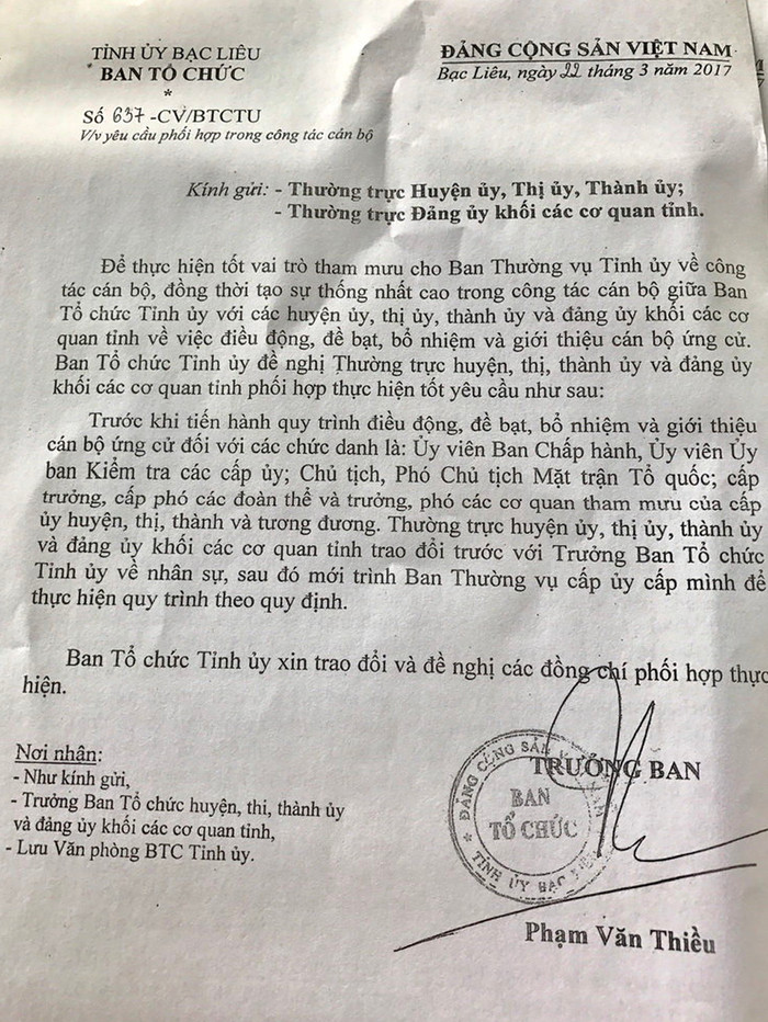Công văn vừa bị “tuýt còi" của Trưởng Ban Tổ chức Tỉnh ủy Bạc Liêu. Công văn vừa bị “tuýt còi" của Trưởng Ban Tổ chức Tỉnh ủy Bạc Liêu.