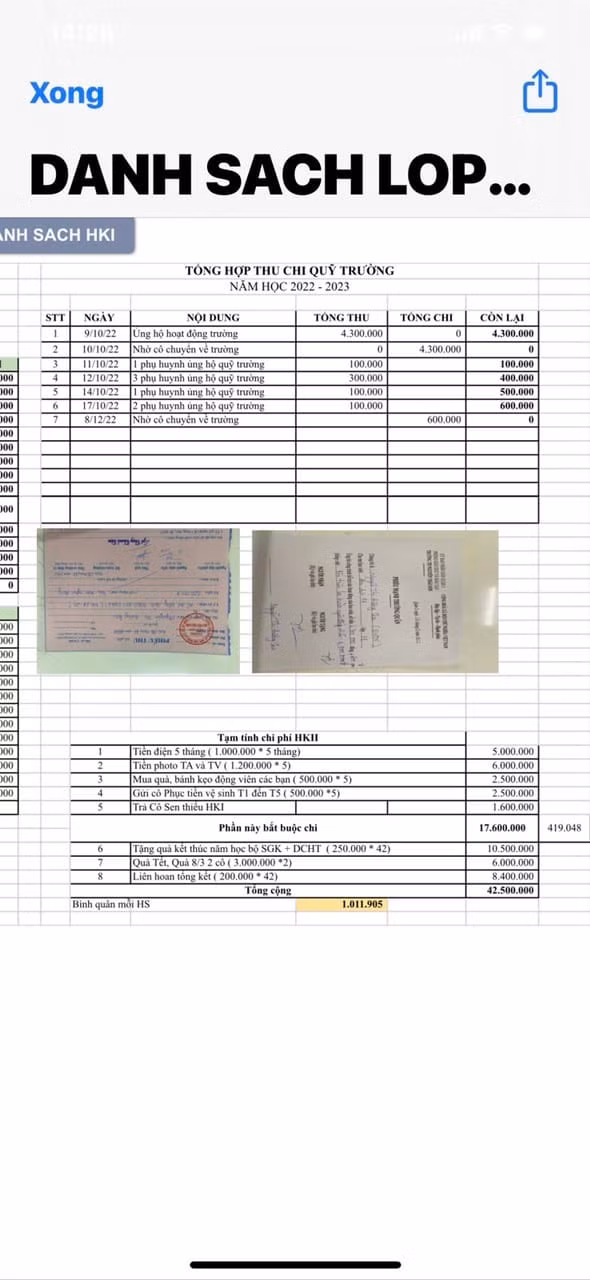 Bảng dự kiến thu chi các khoản tiền trong học kỳ 2 của lớp 1E (ảnh: PHCC)