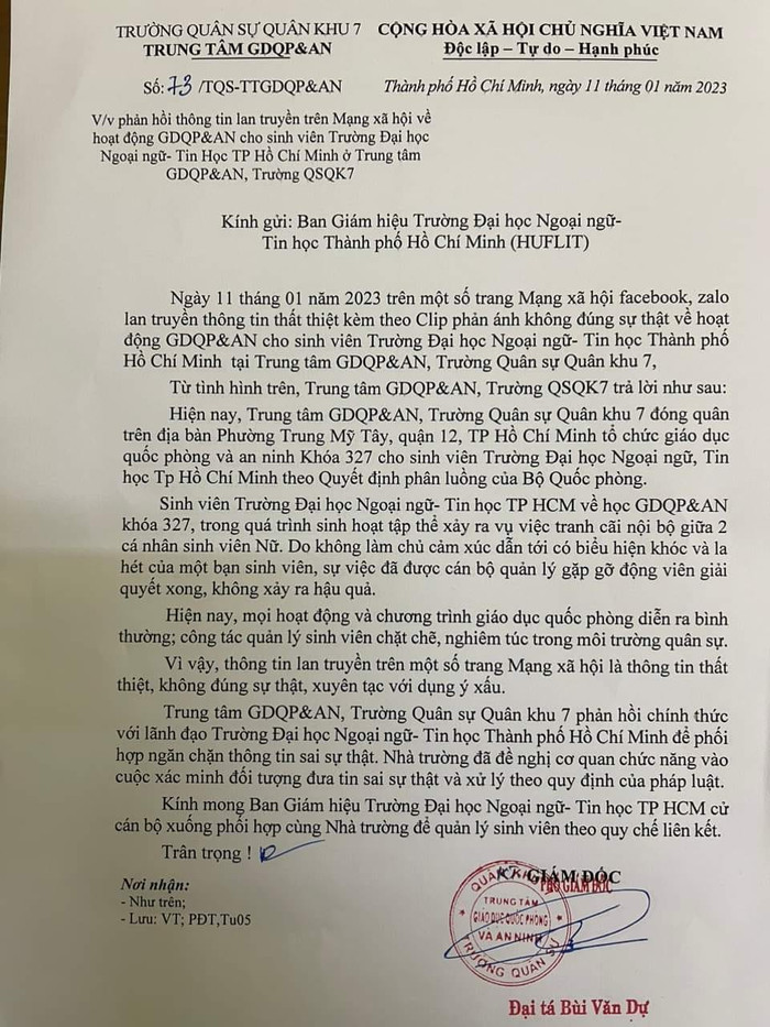 Văn bản số 73/TQS-TTGDQP&amp;AN ký ngày 11/1/2023 (ảnh: P.L)