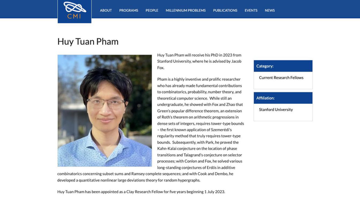 Phần giới thiệu về Phạm Tuấn Huy được nêu trong website của Viện Toán học Clay (ảnh chụp màn hình) Phần giới thiệu về Phạm Tuấn Huy được nêu trong website của Viện Toán học Clay (ảnh chụp màn hình)
