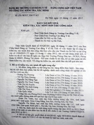 Báo cáo của Tổ công tác do Trường CĐ Y tế Hà Tĩnh thành lập đã 'vạch mặt" những sai phạm tự ý sửa, nâng điểm của ông Thắng. Báo cáo của Tổ công tác do Trường CĐ Y tế Hà Tĩnh thành lập đã 'vạch mặt" những sai phạm tự ý sửa, nâng điểm của ông Thắng.