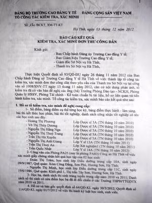 Báo cáo của Tổ công tác do Trường CĐ Y tế Hà Tĩnh thành lập đã 'vạch mặt" những sai phạm tự ý sửa, nâng điểm của ông Thắng.