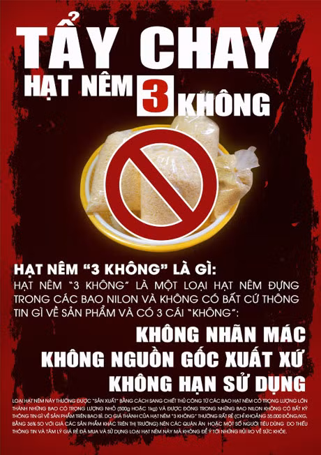 Hạt nêm 3 không là loại hạt nêm không rõ nhãn mác, không nguồn gốc xuất xứ và không hạn sử dụng được bán tràn lan ở các chợ.