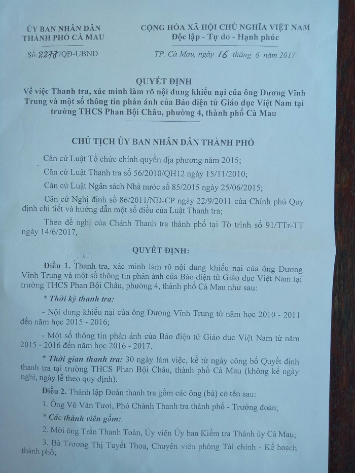 Quyết định Thanh tra những vấn đề gây bức xúc tại Trường Phan Bội Châu.