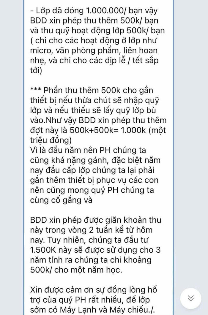 Đoạn tin nhắn zalo kêu gọi phụ huynh đóng tiền của lớp 10A14 (Ảnh: PHCC) tinnhanNTMK.jpg