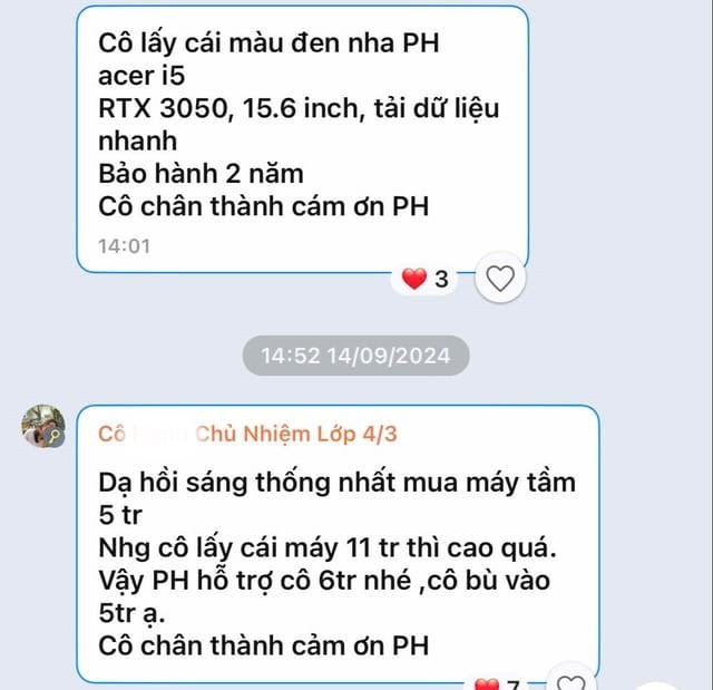Tin nhắn zalo cô H. nhắn cấu hình laptop giá máy, cấu hình máy mà cô muốn mua gửi phụ huynh (ảnh: BĐCC) tinhan43ChuongDuonge.jpg