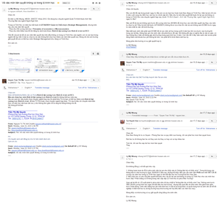 Những email trao đổi qua lại giữa sinh viên Nhung và nhà trường liên quan đến một số môn học mới phát sinh (ảnh: CTV)