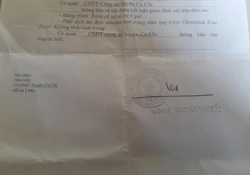 Trích bản kết luận của pháp y TP.HCM mà Công an thông báo cho gia đình nạn nhân (ảnh: T.Q)