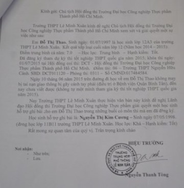 Trích văn bản xin phép cử 'trợ lý' viết bài thi cho thí sinh Thảo (ảnh: CTV) Trích văn bản xin phép cử 'trợ lý' viết bài thi cho thí sinh Thảo (ảnh: CTV)