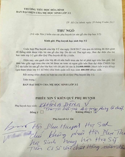 Phiếu nêu ý kiến rất đáng chú ý của 1 phụ huynh lớp 3/2 Trường tiểu học Hòa Bình (ảnh: CTV)