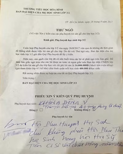 Phiếu nêu ý kiến rất đáng chú ý của 1 phụ huynh lớp 3/2 Trường tiểu học Hòa Bình (ảnh: CTV)