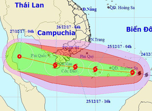 Bão số 16 được dự báo sẽ có thể đổ bộ vào vùng biển từ Cà Mau tới Kiên Giang (ảnh: TTDBKTTVTW) Bão số 16 được dự báo sẽ có thể đổ bộ vào vùng biển từ Cà Mau tới Kiên Giang (ảnh: TTDBKTTVTW)
