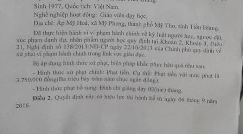 Trích quyết định xử phạt vi phạm phạt cô Tr 3.750.000 đồng và đình chỉ dạy 2 tháng (ảnh: P.L) Trích quyết định xử phạt vi phạm phạt cô Tr 3.750.000 đồng và đình chỉ dạy 2 tháng (ảnh: P.L)