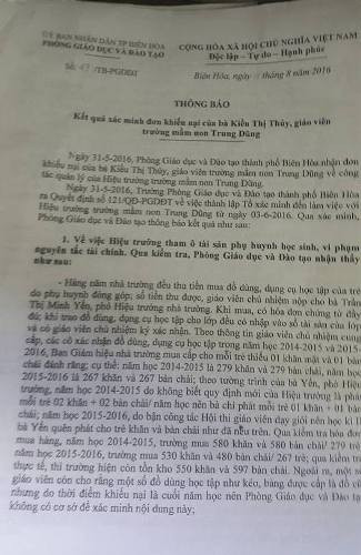 Kết quả xác minh của Phòng Giáo dục Biên Hòa các vấn đề mà cô Thủy phản ánh (ảnh: P.L) Kết quả xác minh của Phòng Giáo dục Biên Hòa các vấn đề mà cô Thủy phản ánh (ảnh: P.L)
