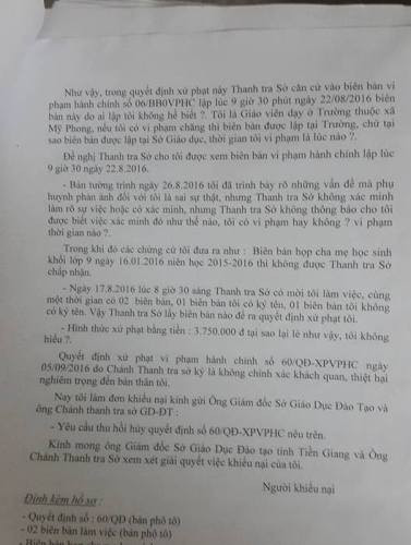 Đơn khiếu nại của cô Tr với quyết định xử phạm vi phạm hành chính của Sở Giáo dục Tiền Giang (ảnh: P.L) Đơn khiếu nại của cô Tr với quyết định xử phạm vi phạm hành chính của Sở Giáo dục Tiền Giang (ảnh: P.L)