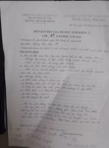 Biên bản họp phụ huynh, đồng ý cho giáo viên phạt học sinh bằng cách khẻ sau tiết học (ảnh: P.L)