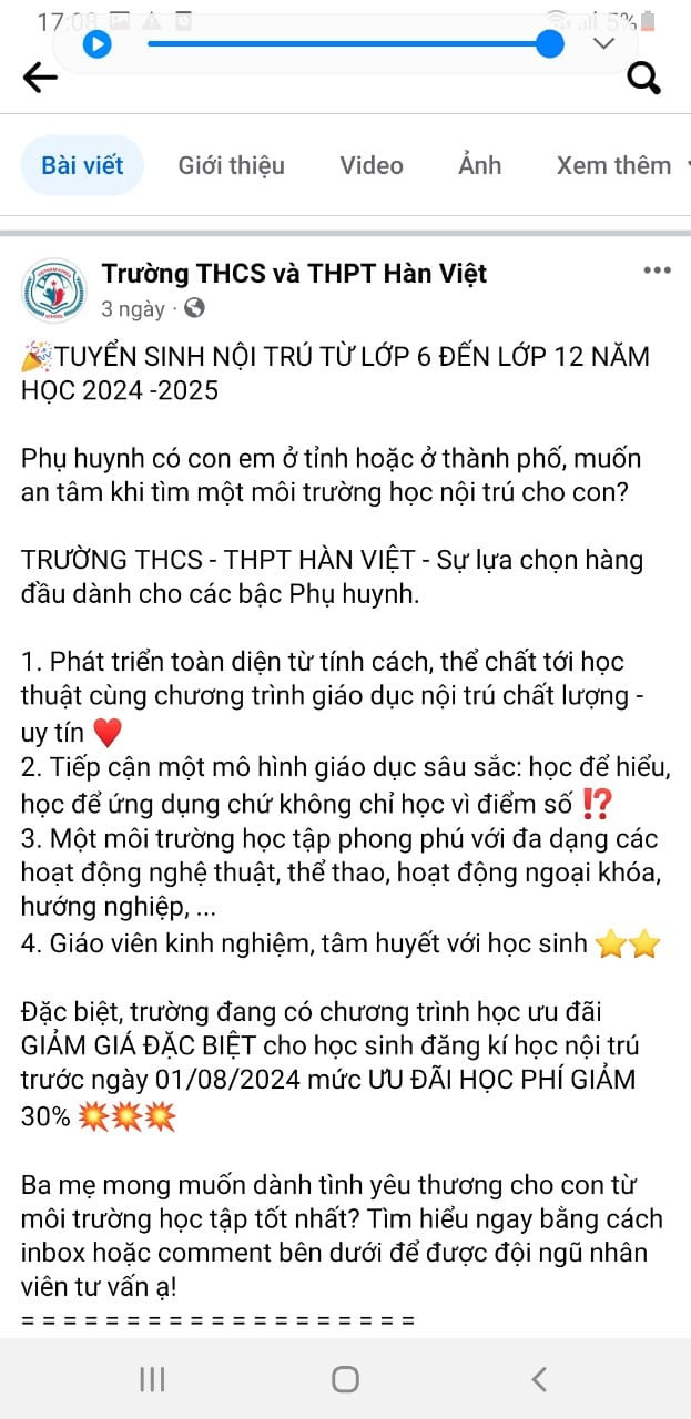 Trường Hàn Việt vẫn quảng bá tuyển sinh rộng rãi trên fanpage (ảnh chụp màn hình) gdvn_HANVIETTS.jpg