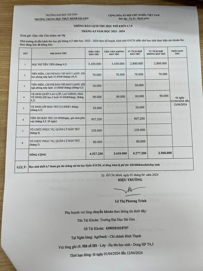 Thông báo lịch thu học phí tháng 4,5 của học sinh khối 6,7,8 Trường trung học thực hành Sài Gòn (ảnh: PHCC) gdvn_thongbaolichthuHP.jpg