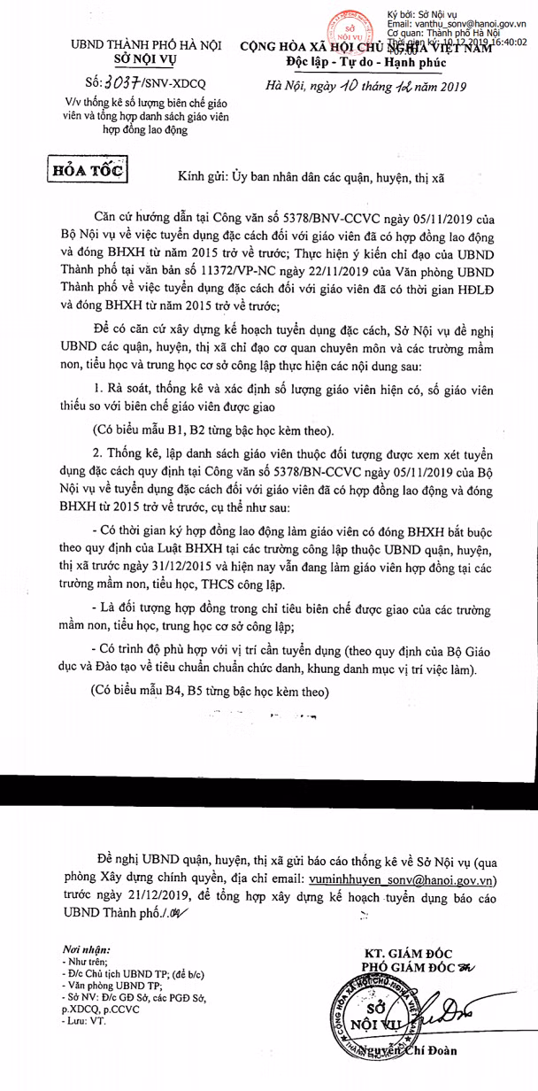 Công văn của Sở Nội vụ Hà Nội nói rõ điều kiện xét đặc cách cho giáo viên hợp đồng (Ảnh:V.N)