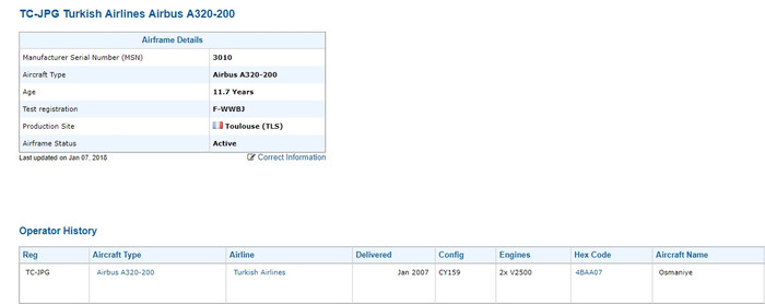 Chiếc Airbus A320 (số xuất xưởng 3010) có tuổi đời là 11,7 năm tuổi. Ảnh: Chụp từ màn hình planespotters.