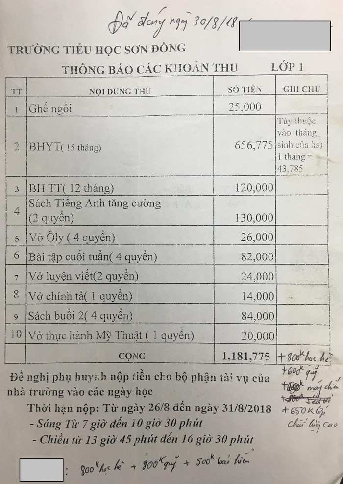 Phụ huynh gửi bằng chứng đã đóng tiền tại phòng tài vụ nhà trường, còn hiệu trưởng nhà trường lại phủ nhận mới chỉ dự kiến. Ảnh: NVCC.