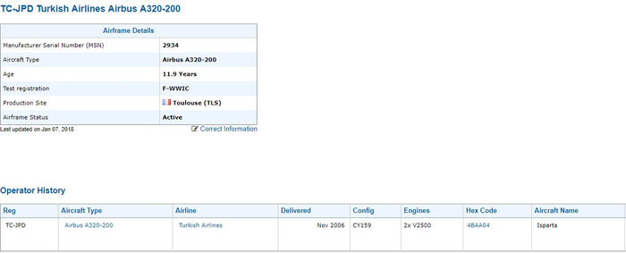 Chiếc Airbus A320 (số xuất xưởng 2934) có tuổi đời 11,9 năm tuổi. Ảnh: Chụp từ màn hình planespotters.