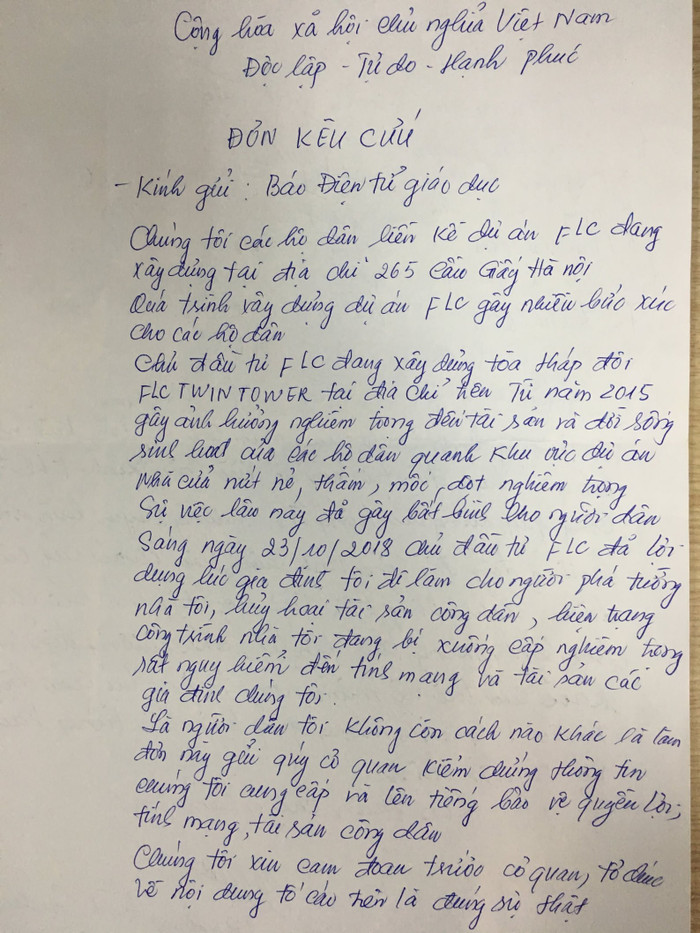 Đơn kêu cứu của nhiều hộ dân ngõ 29 ngách 27 phố Dịch Vọng gửi đến Báo điện tử Giáo dục Việt Nam phản ánh bị ảnh hưởng nghiêm trọng bởi dự án FLC Twin Towers 265 Cầu Giấy. Ảnh: V.P. Đơn kêu cứu của nhiều hộ dân ngõ 29 ngách 27 phố Dịch Vọng gửi đến Báo điện tử Giáo dục Việt Nam phản ánh bị ảnh hưởng nghiêm trọng bởi dự án FLC Twin Towers 265 Cầu Giấy. Ảnh: V.P.