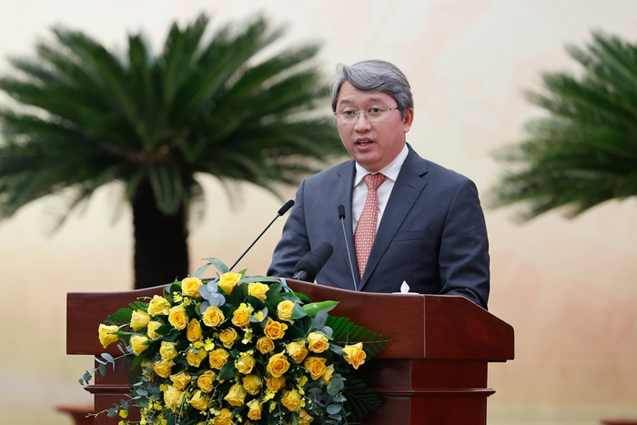 Bộ trưởng Bộ Tư pháp Nguyễn Hải Ninh trình bày về phát triển cơ chế giải quyết tranh chấp cho trung tâm tài chính. Ảnh: VGP/Nhật Bắc