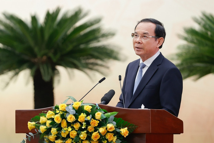 Bí thư Thành ủy Thành phố Hồ Chí Minh Nguyễn Văn Nên phát biểu về sự chuẩn bị của Thành phố Hồ Chí Minh để phát triển trung tâm tài chính, các giải pháp triển khai kế hoạch hành động. Ảnh: VGP/Nhật Bắc