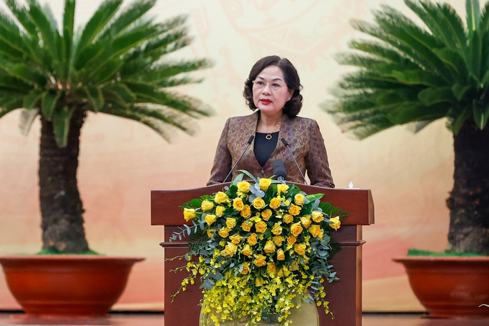 Thống đốc Ngân hàng Nhà nước Nguyễn Thị Hồng trình bày về phát triển lĩnh vực tiền tệ và ngân hàng trong trung tâm tài chính. Ảnh: VGP/Nhật Bắc