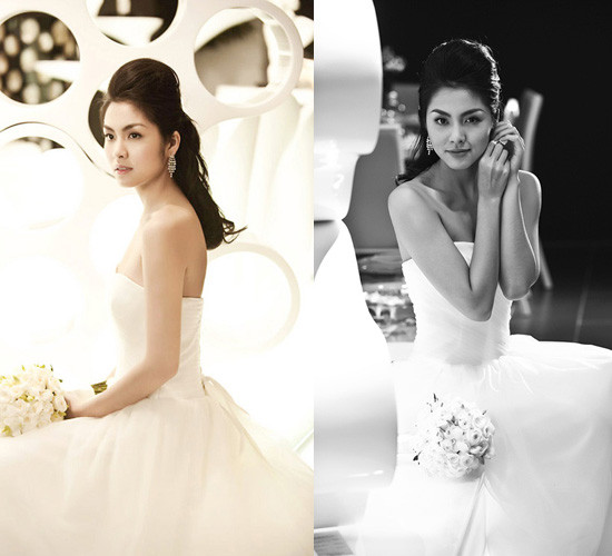 Sở hữu vẻ đẹp rạng ngời Tăng Thanh Hà phù hợp với những dáng váy cưới đơn giản, nhẹ nhàng và không quá diêm dúa.