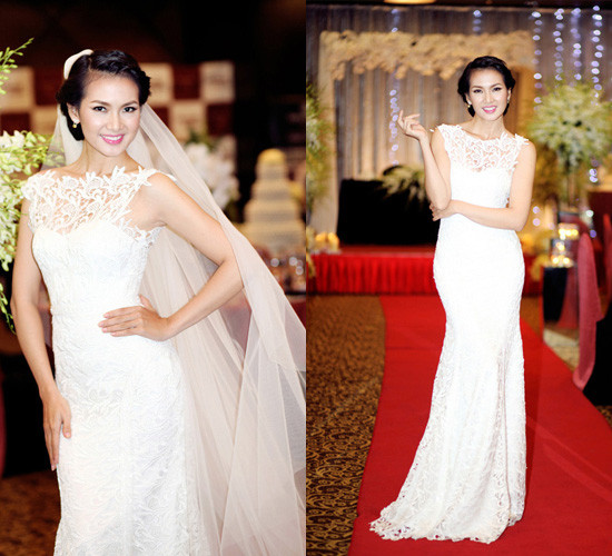 Tinh tế, khóe léo trong việc lựa chọn trang phục, Anh Thư diện áo cưới chất liệu ren khoe dáng mượt mà. Chất liệu ren cũng là chất liệu được nhiều bạn trẻ yêu thích trong mùa cưới năm nay.