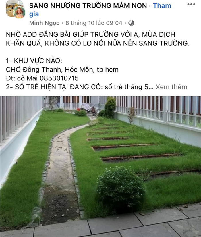 Mùa dịch khó khăn, nên nhiều chủ đầu tư trường mầm non tư thục muốn sang nhượng trường (ảnh chụp màn hình) Mùa dịch khó khăn, nên nhiều chủ đầu tư trường mầm non tư thục muốn sang nhượng trường (ảnh chụp màn hình)
